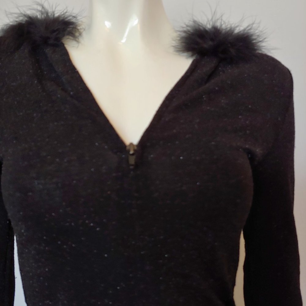 Black and gold fleck zip sweater hoodie with boa trimmed hood - Picture 4 of 11